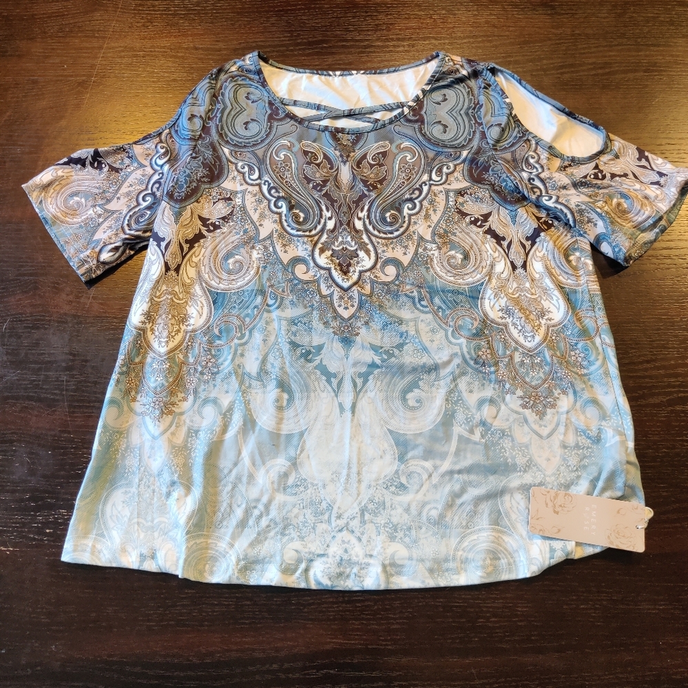 Emery Rose Blue and Cream Paisley Women's Top - Size XL